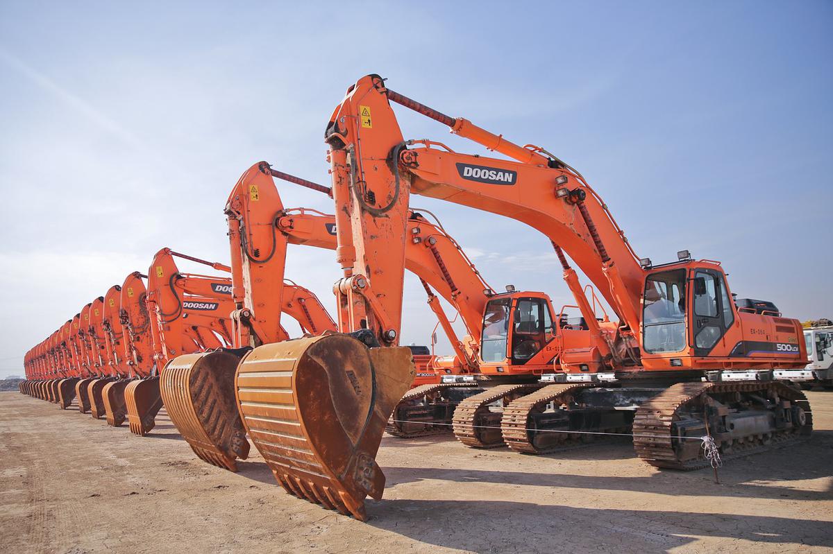 Rows of excavators representing construction equipment shipments from China