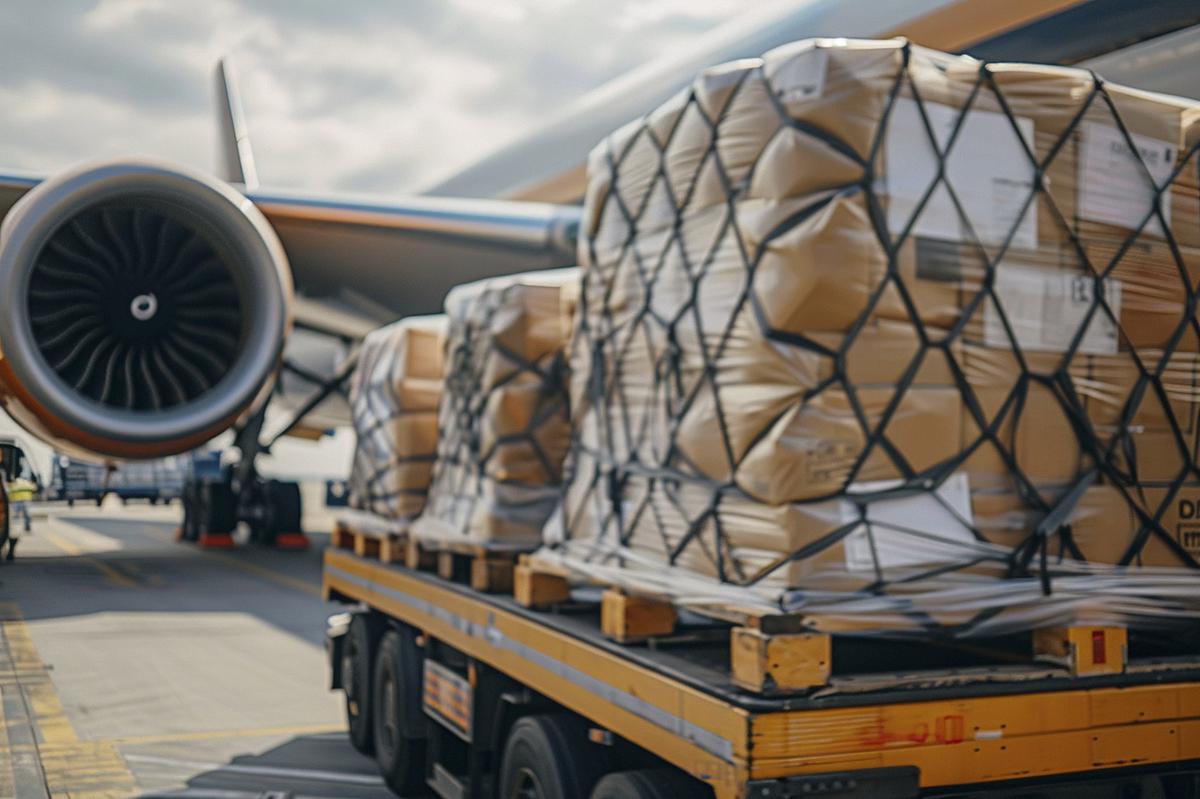 Air cargo pallets prepared for a multimodal freight departure