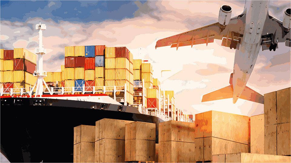 Aircraft, container ship and cargo crates representing multimodal freight shipping