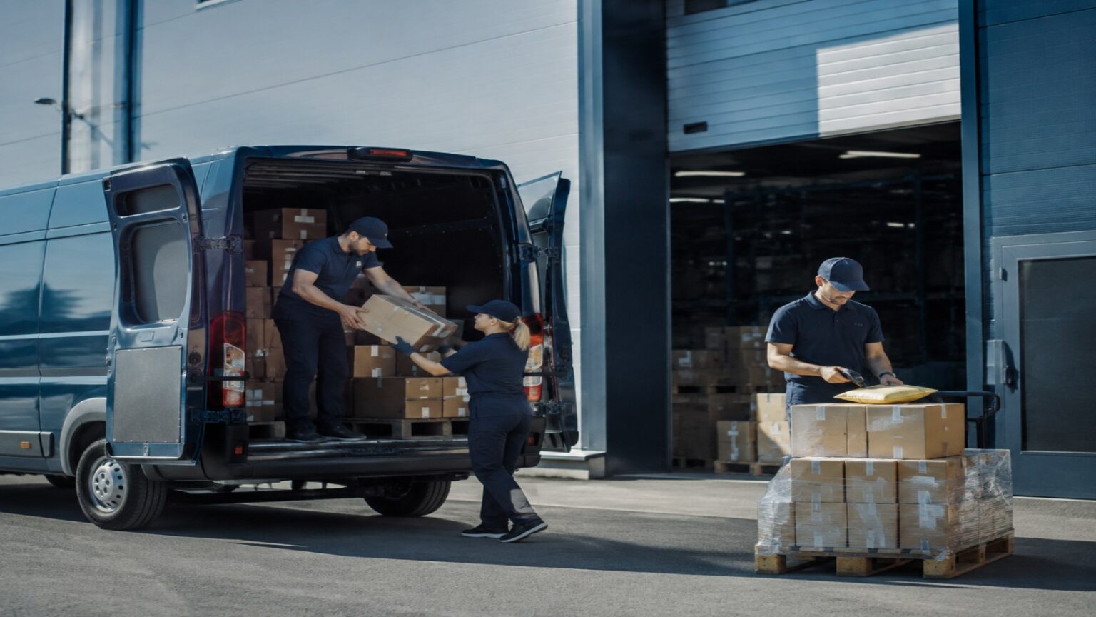 Logistics team loading a delivery van at a warehouse