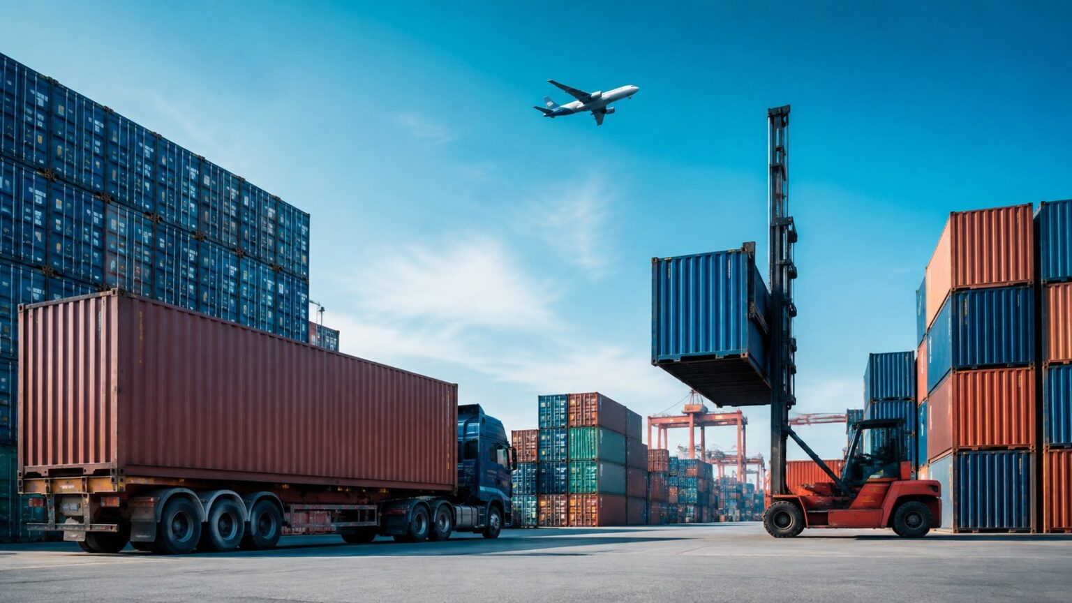 Container yard with truck, reach-stacker and cargo plane