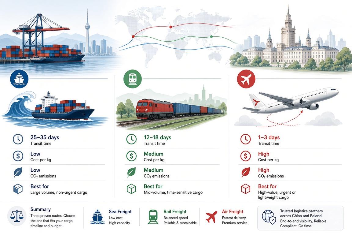 China to Poland Freight: Sea vs Rail vs Air for B2B Cargo
