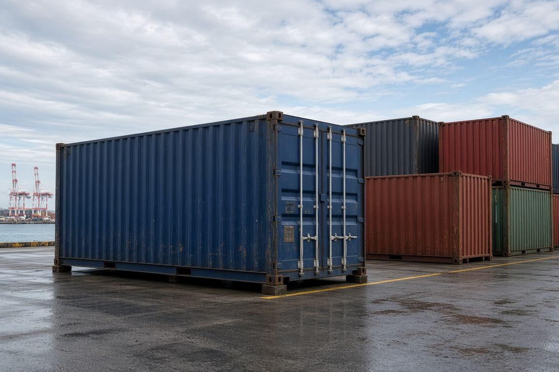 Standard shipping container at a port showing its external dimensions