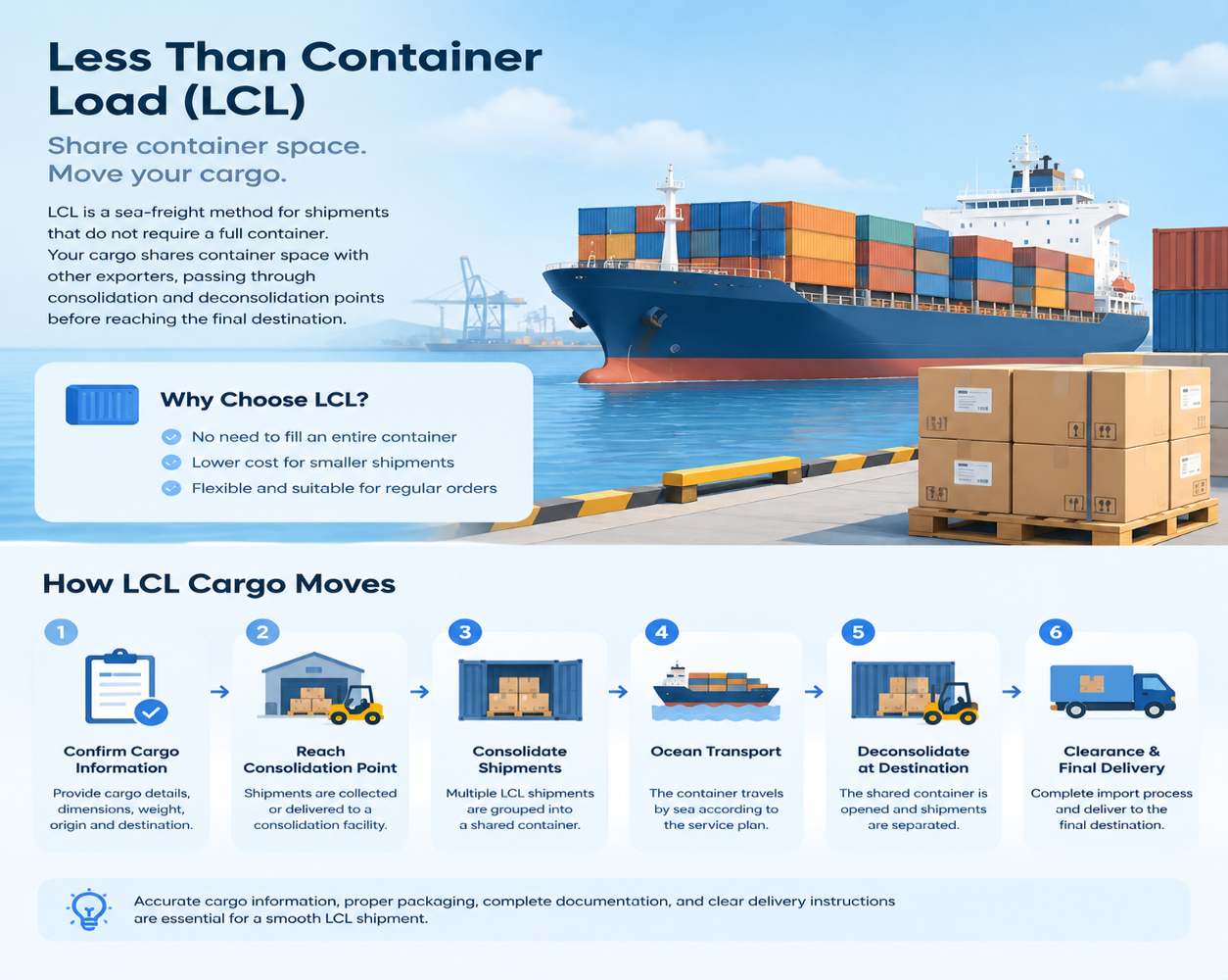 Less Than Container Load LCL cargo movement from consolidation to final delivery