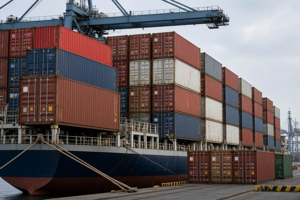 ISO shipping containers stacked at a container terminal beside an ocean vessel