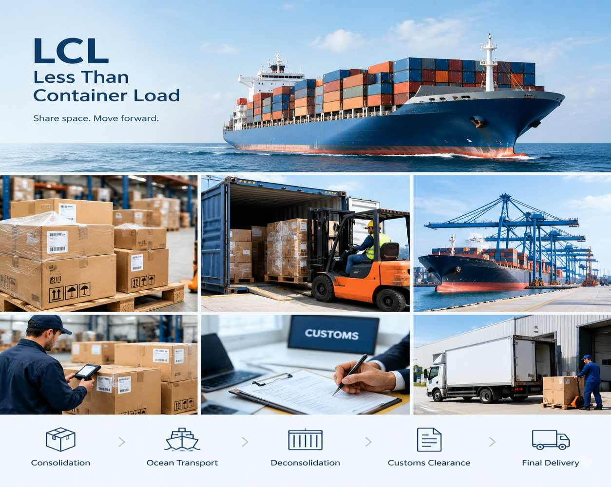 LCL supply chain operations including consolidation, ocean transport, customs clearance and final delivery