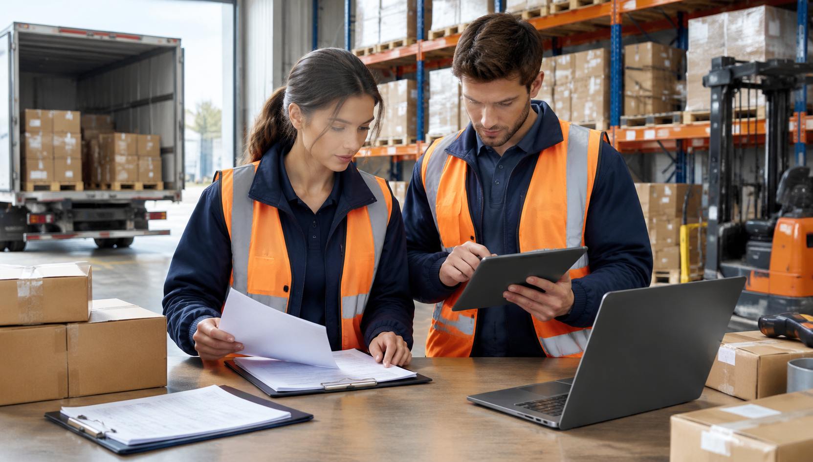 Logistics coordinators reviewing shipment documents and a tablet beside warehouse cargo